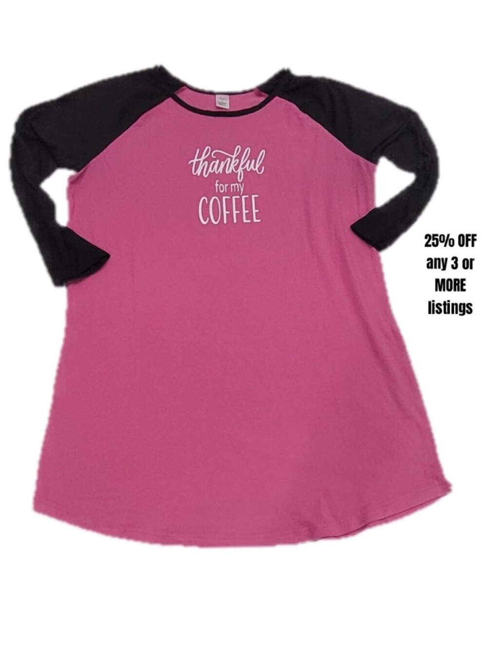 Thankful for My Coffee Pink & Black Raglan Pajama Tee Shirt Dress Pj Graphic